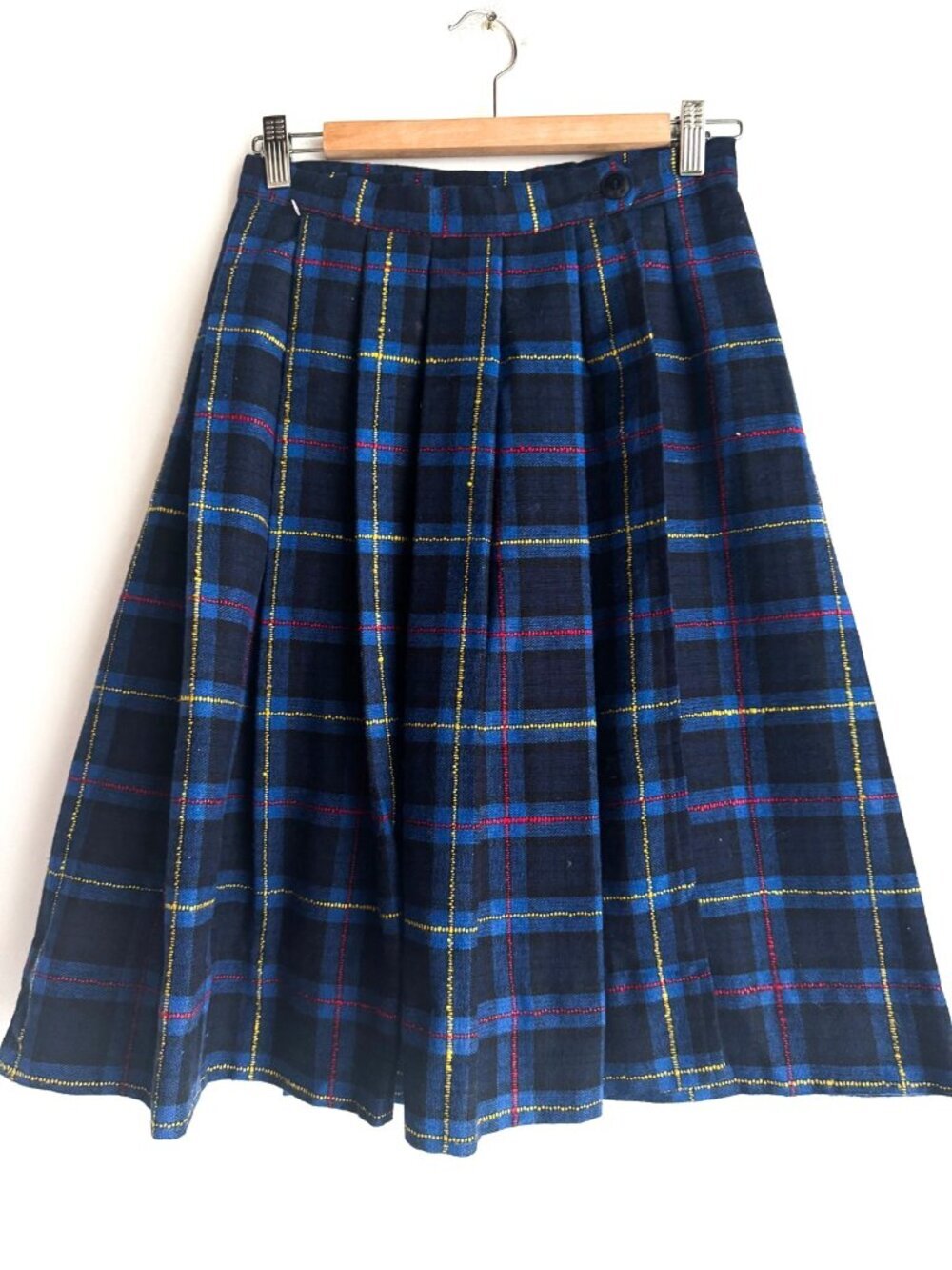 Vintage Blue Plaid Pleated Front Wool Blend  Skirt S